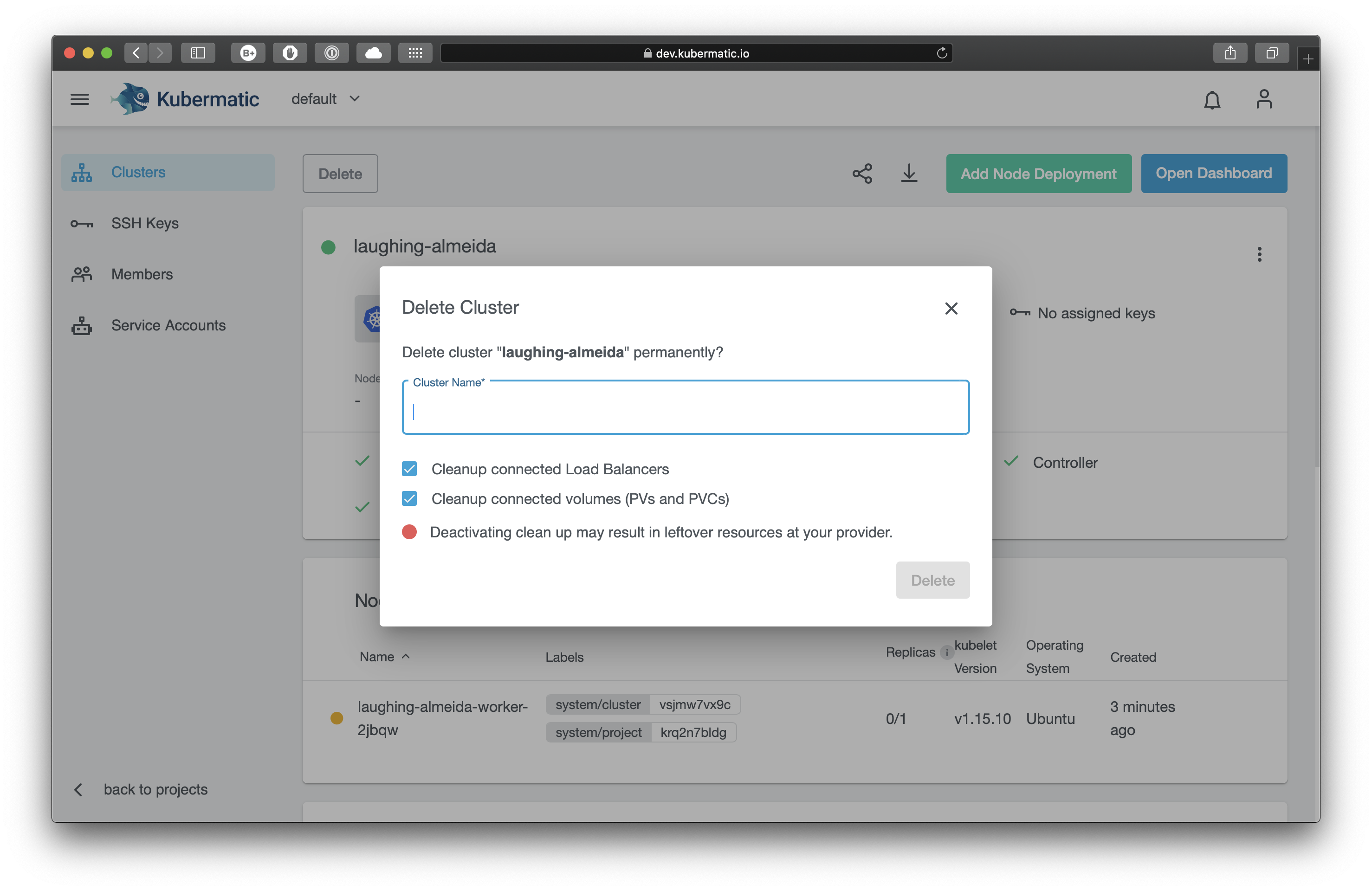 Confirmation dialog for the cluster deletion