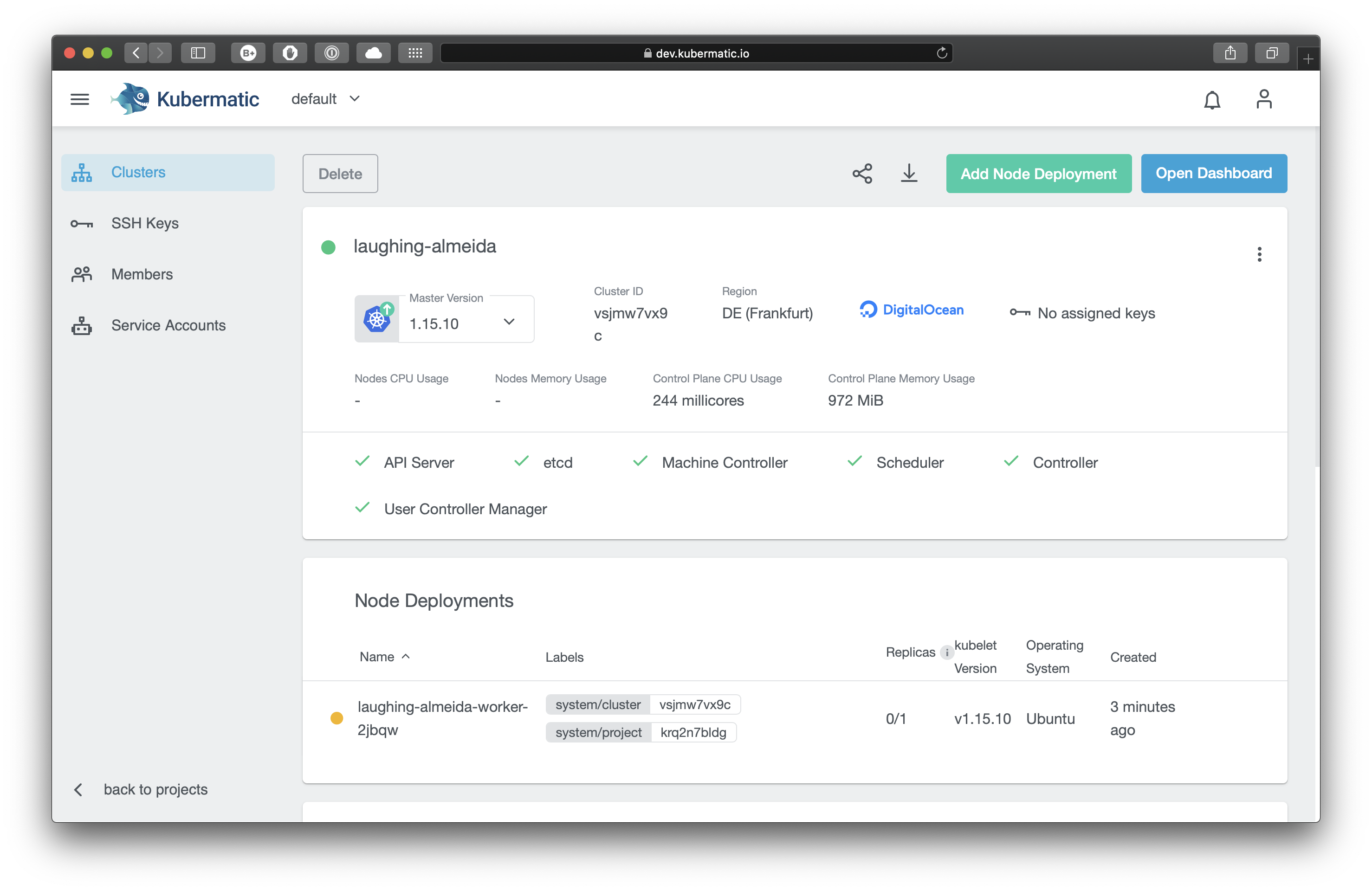 Cluster deletion button in the top right corner