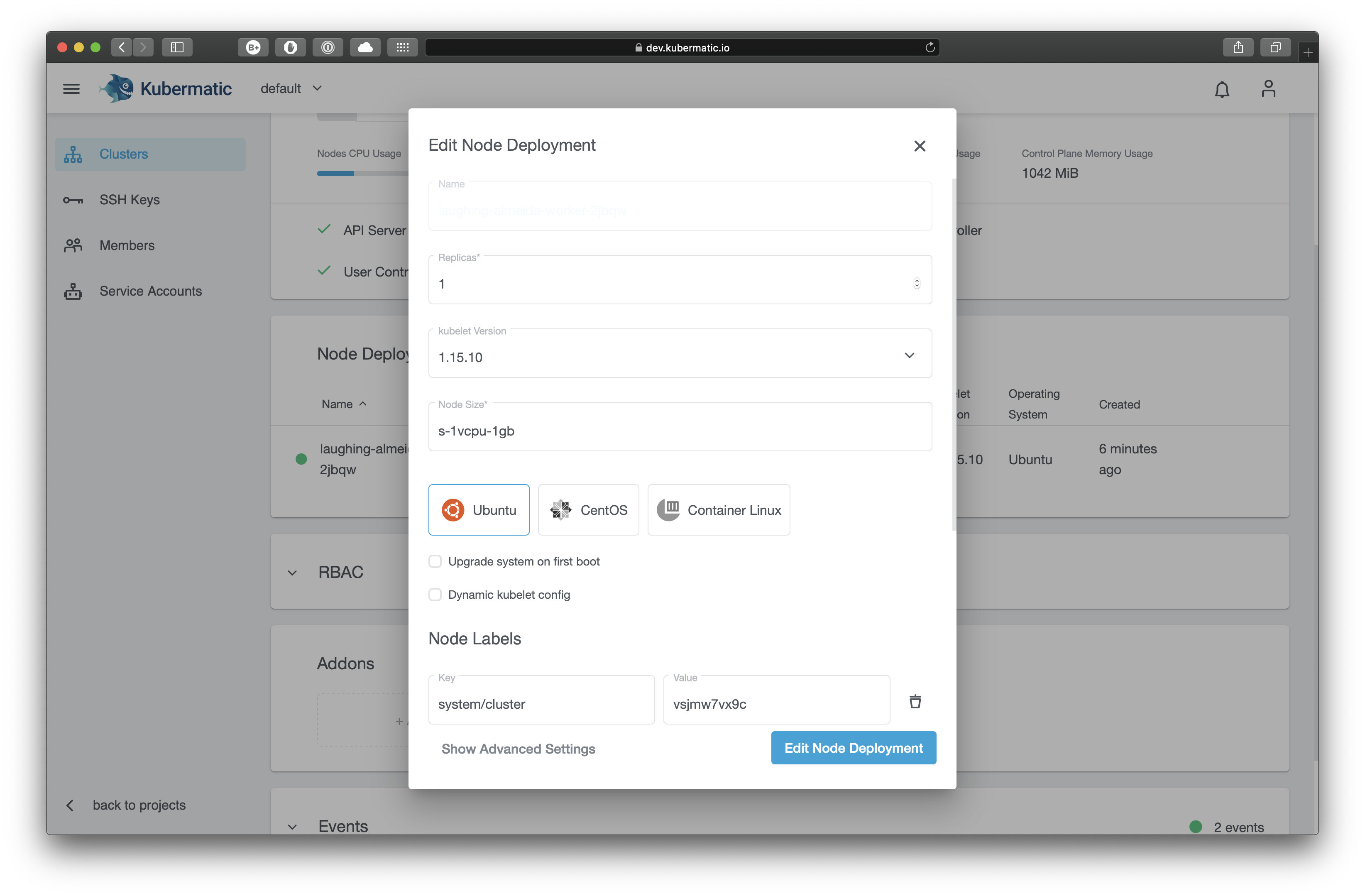 Node deployment overview with opened edit modal