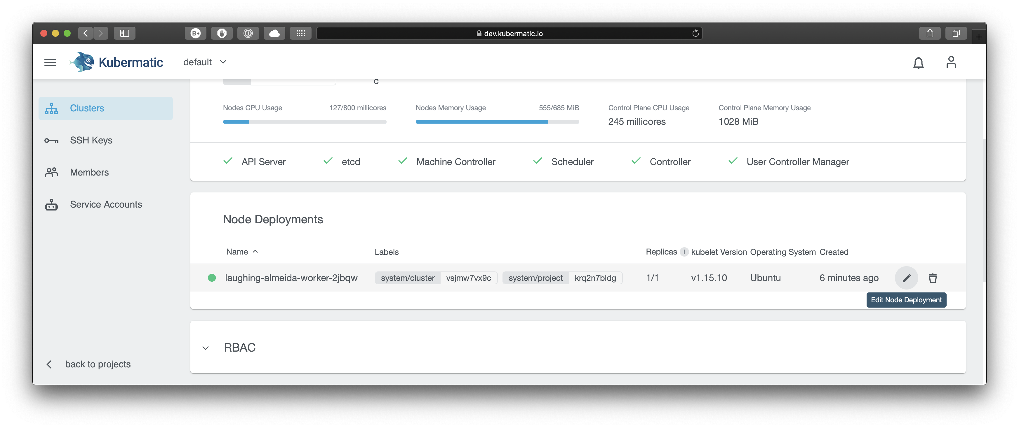 Node deployment overview with highlighted edit button