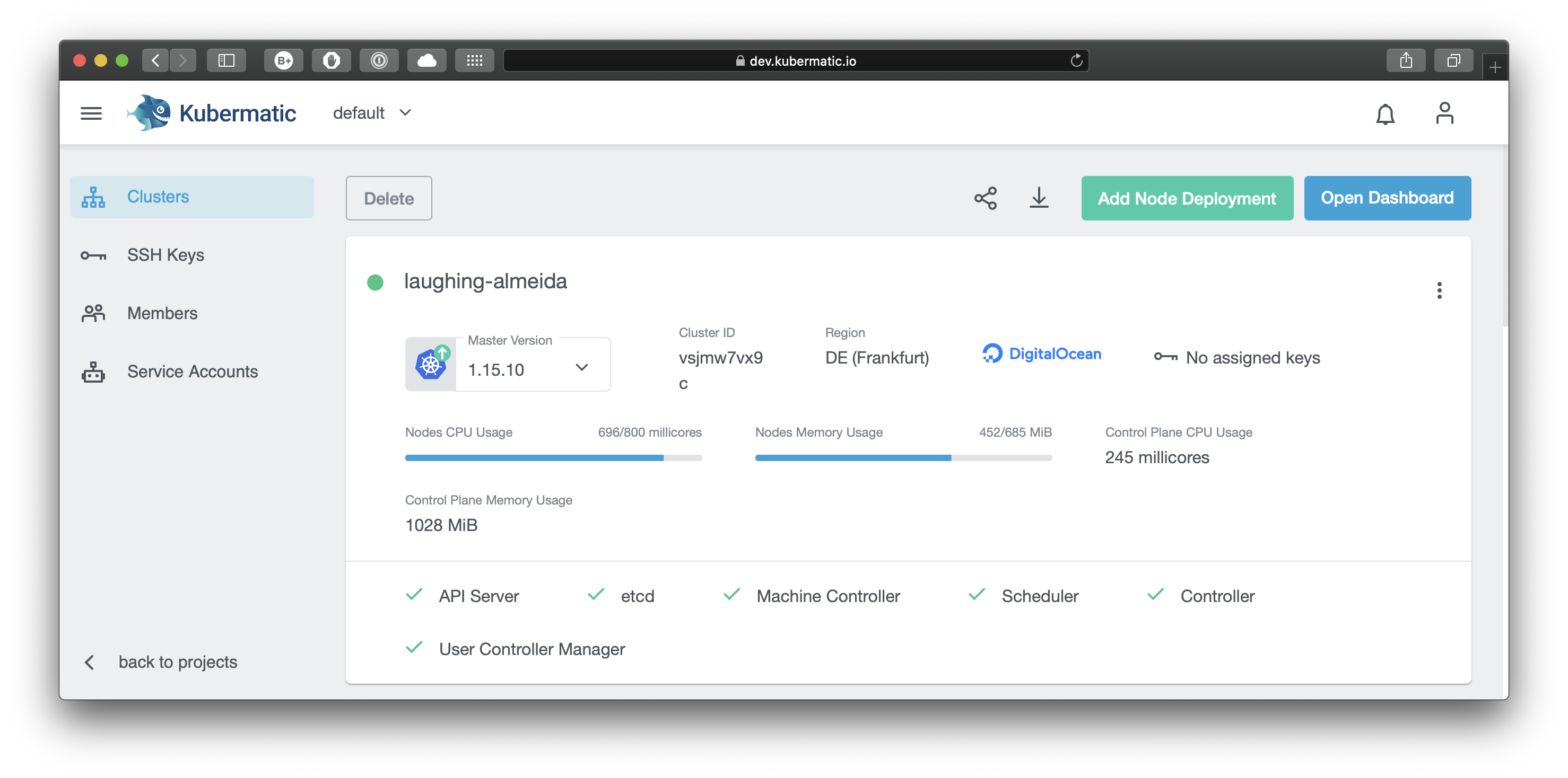 Cluster overview with highlighted add button