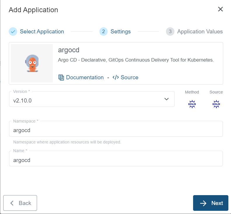 Settings for ArgoCD Application