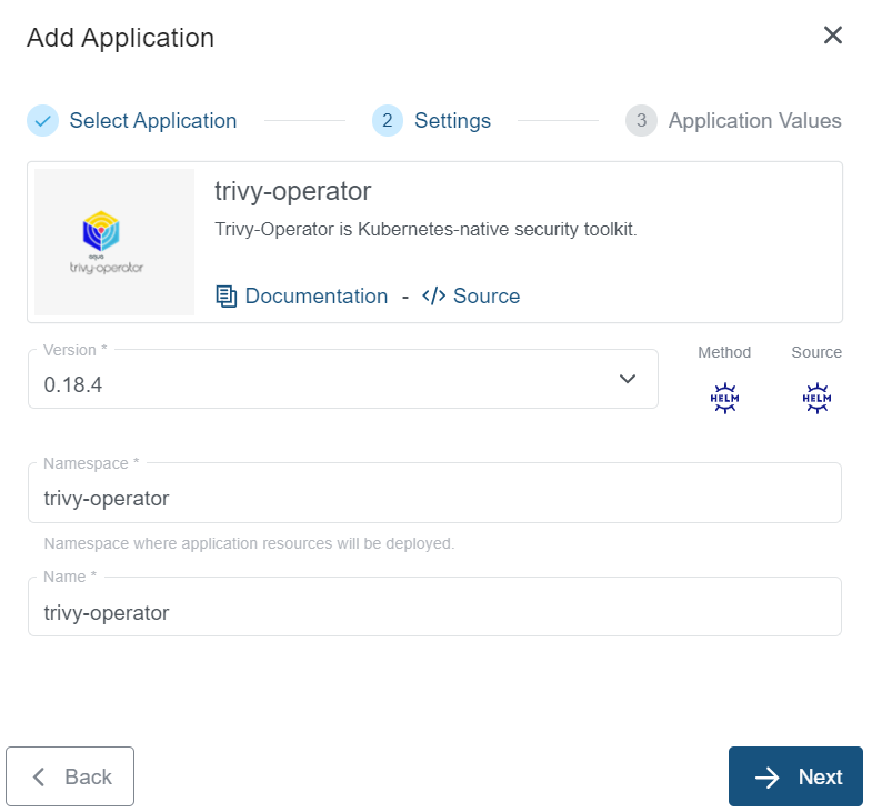 Settings for Trivy Operator Application